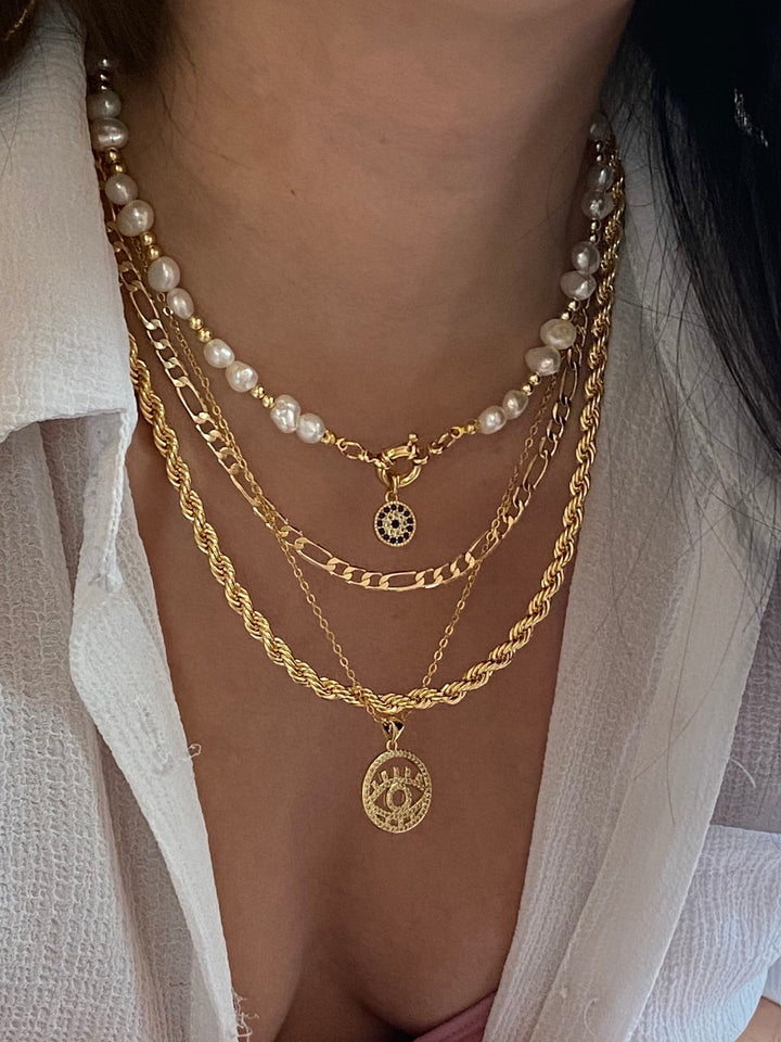 Evil Eye Pearl Necklace - Gold Filled