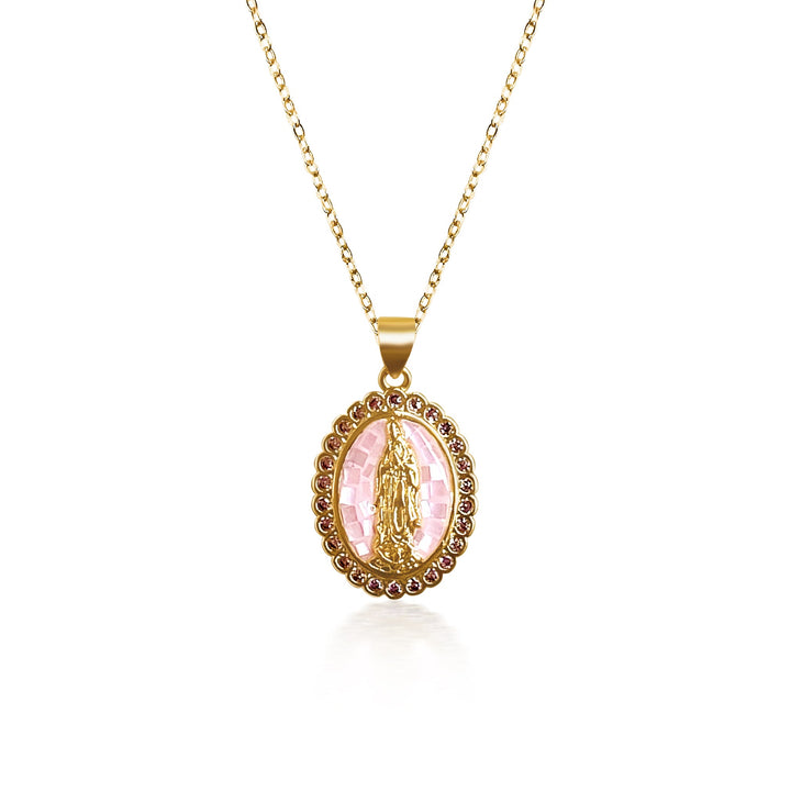 Pink Virgin Mary Necklace - Gold Filled