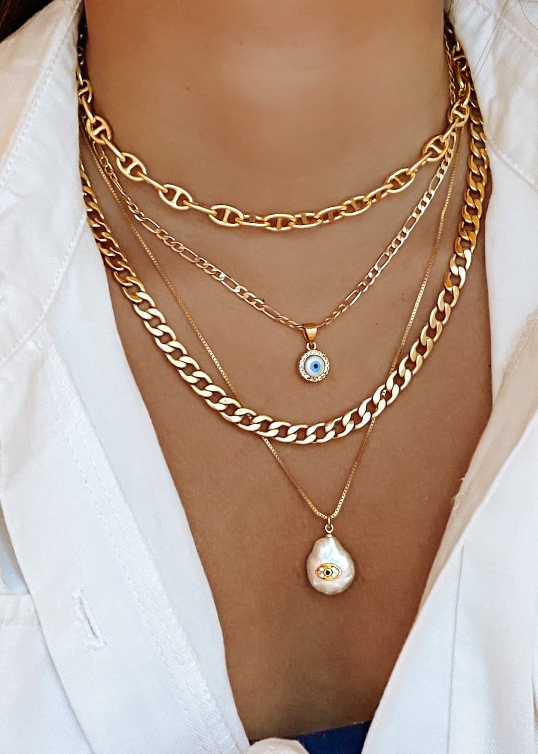 Pearl Evil Eye Necklace - Gold Filled
